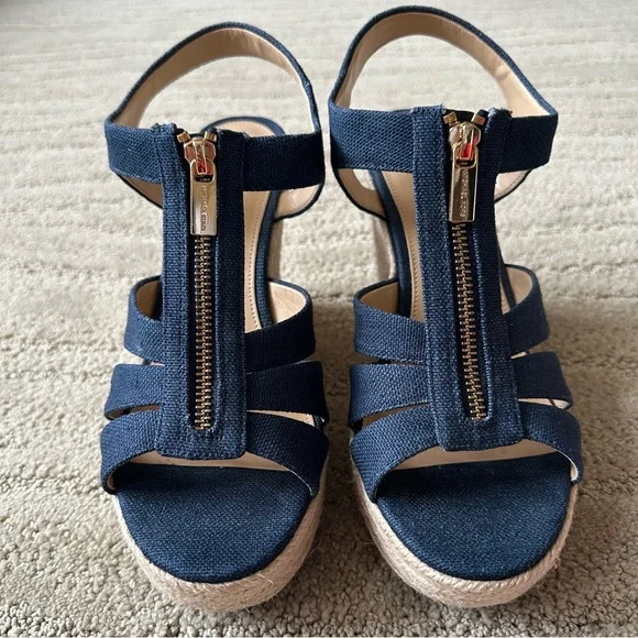 Michael Michael Kors Berkeley Blue Canvas Front Zip Espadrille Wedge Sandals 8M - Picture 2 of 16